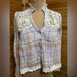 Anthropologie Pilcro Lace Trim Plaid Blouse